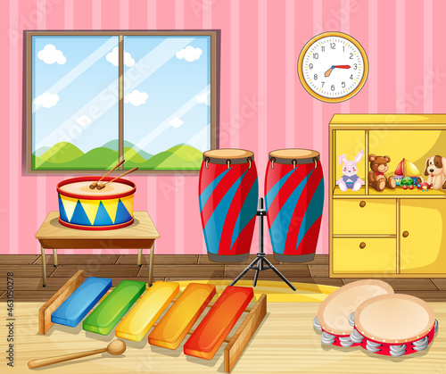 Music classroom with various musical instrument