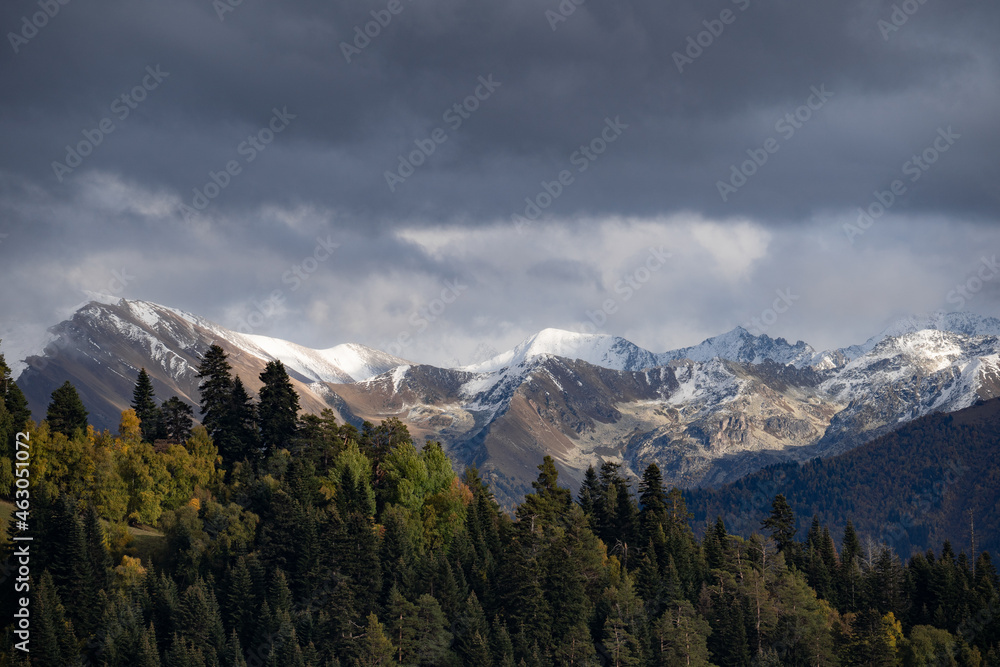 The mountain autumn landscape with colorful forest and high peaks Caucasus Mountains.