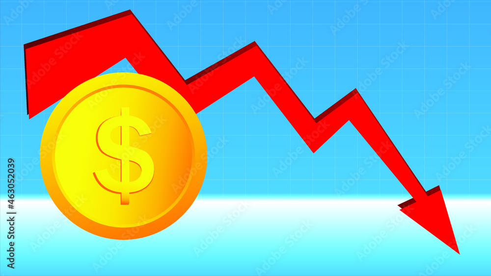 Graph of money loss. Low cost dollars. Crisis of economy with decrease sales and revenue. Icon of reduction of market and economic down. Financial bankruptcy. Infographic of inflation. Vector. Graph of money loss. Low cost dollars. Crisis of economy with decrease sales and revenue. Icon of reduction of market and economic down. Financial bankruptcy. Infographic of inflation. Vector.