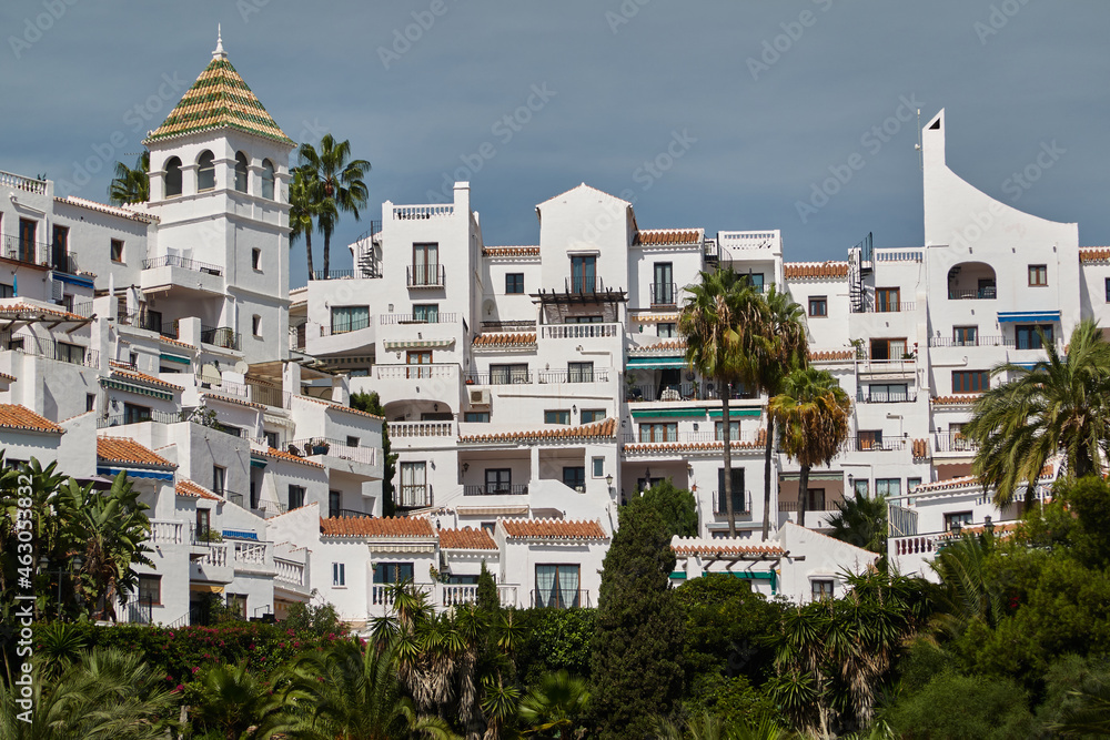 The white houses of the town of Nerja. Malaga. Andalusia. Spain.