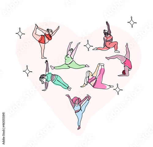Body-positive multinational plus size girls do yoga. Cute vector one line illustration. Suitable for print, t-shirt, sticker, textile, web, banner, invitation, poster.