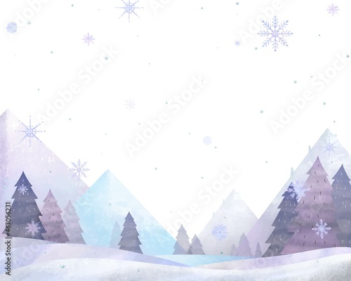 北欧風オシャレな山のある水彩画、冬の木々と雪の結晶のベクター白バックフレームイラスト素材
