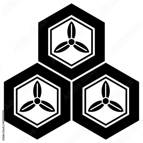 直江兼続の家紋です。三つ盛亀甲に三つ葉といいます。