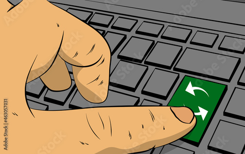 Update icon on computer keyboard. Man pushing keypad on laptop. Comic book style concept.