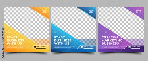 Set of social media post template for business promotion. Editable modern square banner with purple, blue, and yellow colors. Usable for social media, banner, and web.