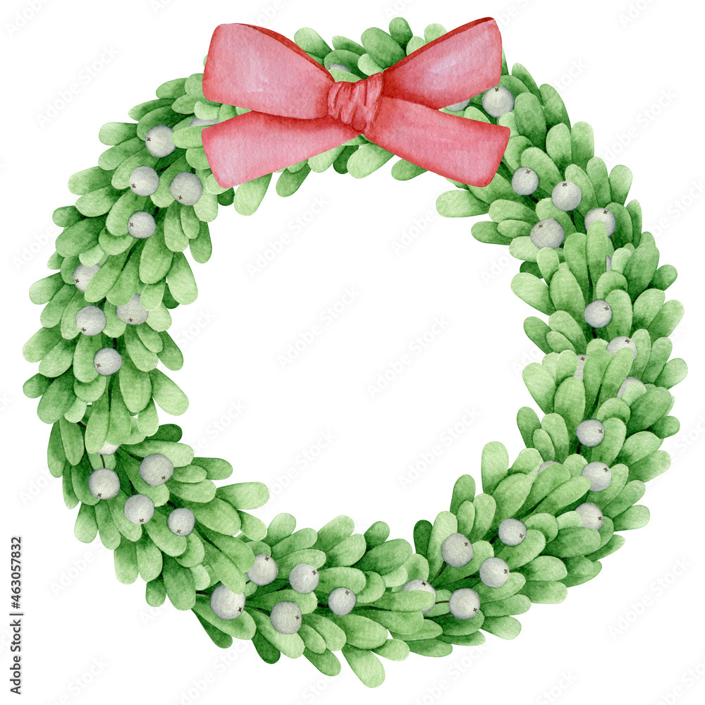 Fototapeta premium Watercolor mistletoe hand drawn wreath. Christmas door hanger illustration. Isolated clipart element on white background.
