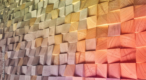 Pink color wood block wall cubic texture background . Modern contempolary woodwork wallpaper artwork design . photo