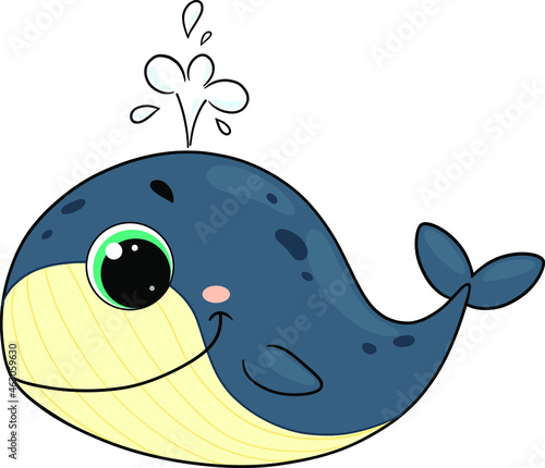 Cute cartoon children's character blue whale with a fountain of spray. Humpback whale. A resident of the northern seas and oceans. Underwater world. Marine animals. Vector illustration

