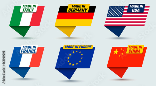 "Made in USA" label. Collection of vector labels with different countries: USA, China, Germany, Italy, France, Europe. Manufactured emblems with national flags to indicate the country of origin.