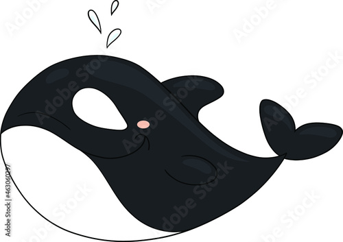 Cute cartoon children's character killer whale with a fountain of spray. The black whale. A resident of the northern seas and oceans. Underwater world. Marine animals. Vector illustration