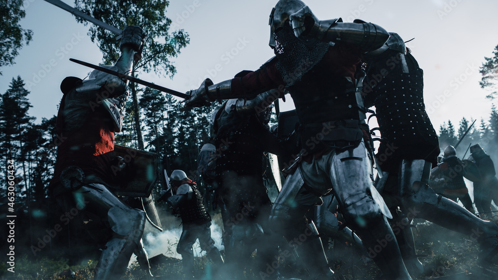 Φωτογραφία Epic Armies of Medieval Knights on Battlefield Clash, Plate Body Armored Warriors Fighting Swords in Battle