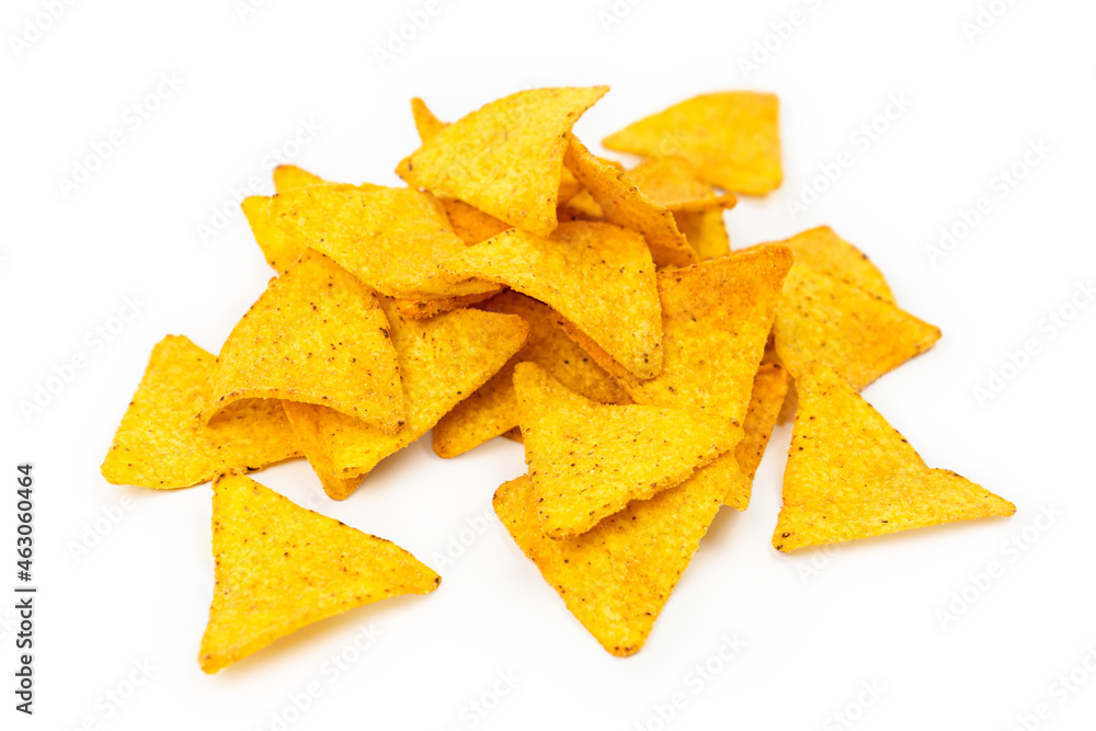 Nacho corn chips. Yellow corn flour chips.