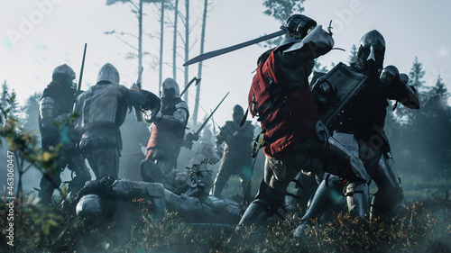 Epic Armies of Medieval Knights on Battlefield Clash, Plate Body Armored Warriors Fighting Swords in Battle. Bloody War and Savage Conquest. Historical Reenactment. Cinematic Shot © Gorodenkoff