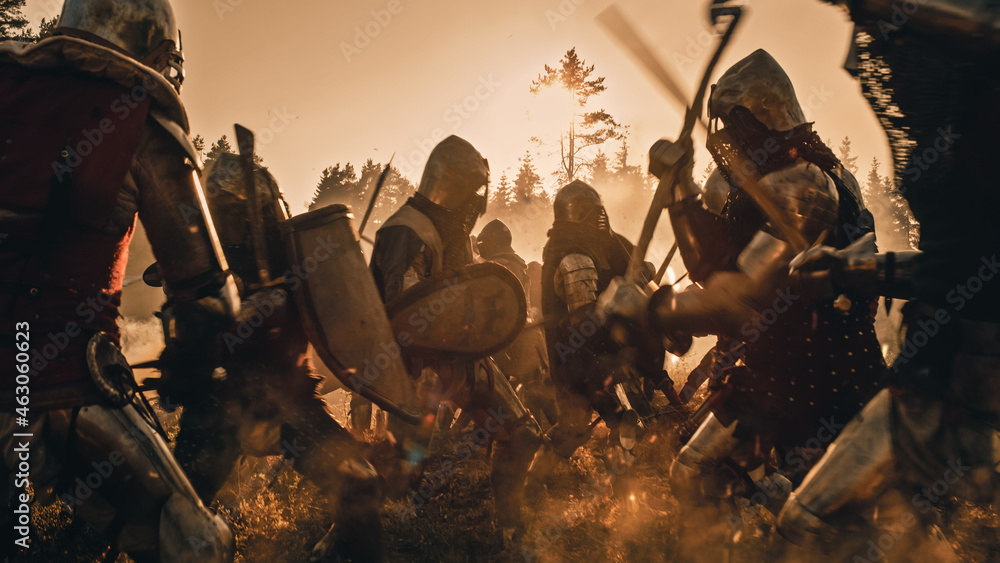 Epic Battlefield: Armies of Medieval Knights Fighting with Swords. Brutal Action Battle of Armored Warrior Soldiers. Dark Ages War, Warfare, Crusade. Cinematic Day Light. Historical Reenactment.