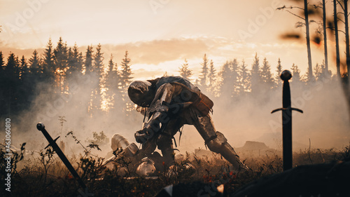 Photography Dark Age Battlefield: Brutal Fight to Death of Two Armored Medieval Knights, Killing Enemy with Sword