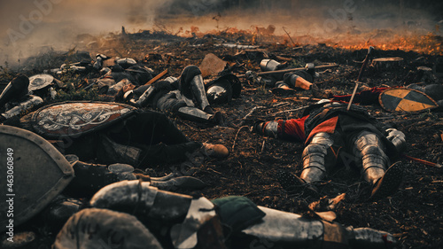 Photo After Epic Battle Bodies of Dead, Massacred Medieval Knights Lying on Battlefield