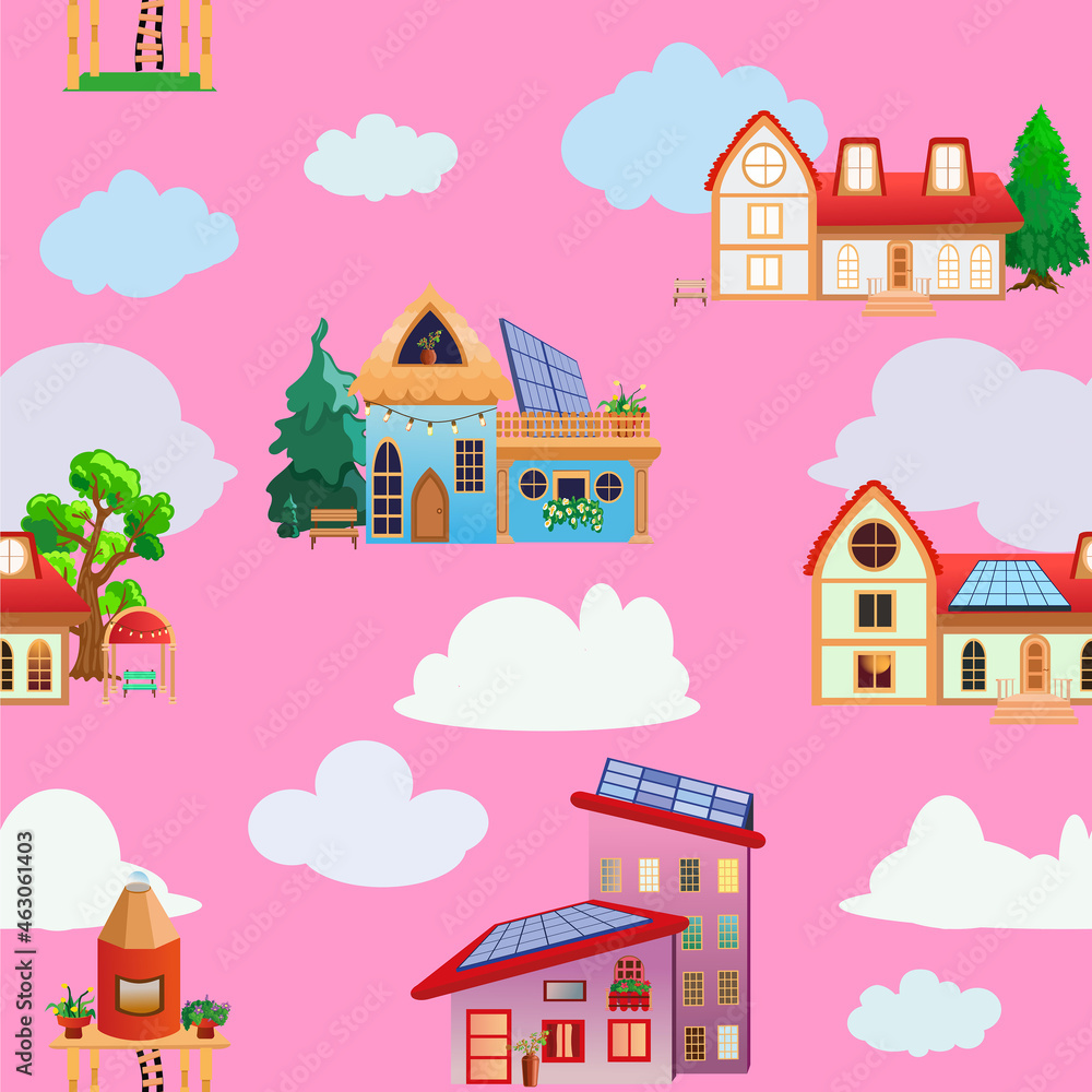 Cute seamless green eco houses on pink background