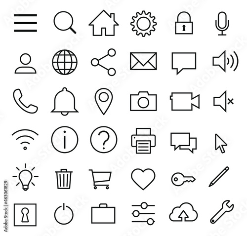 Web application interface icon collection. Internet page and website vector symbol set. Search, home, settings, account, lock and info button sign. Mouse cursor, magnify, wi-fi and user profile logo.