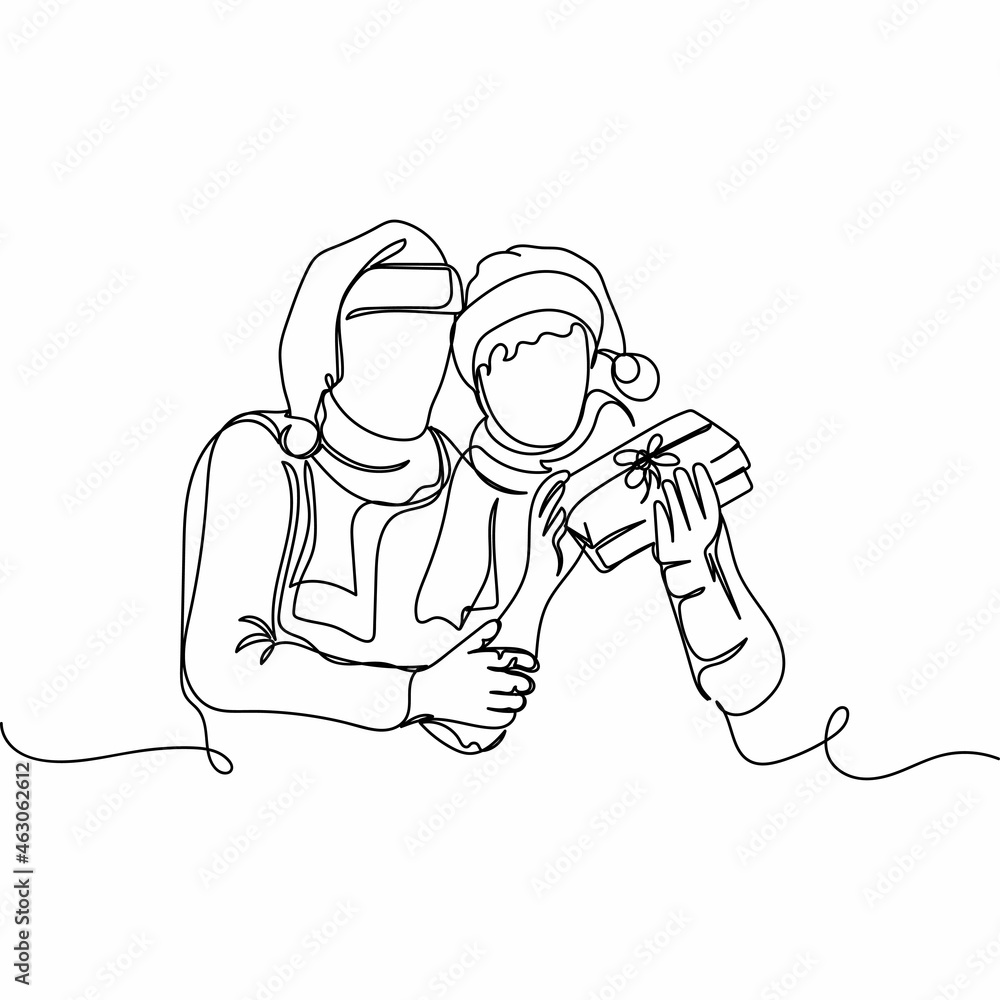 Continuous one single line drawing of couple man and woman with gift box to celebrate christmas in silhouette on a white background. Linear stylized. Continuous one single line drawing of couple man and woman with gift box to celebrate christmas in silhouette on a white background. Linear stylized.