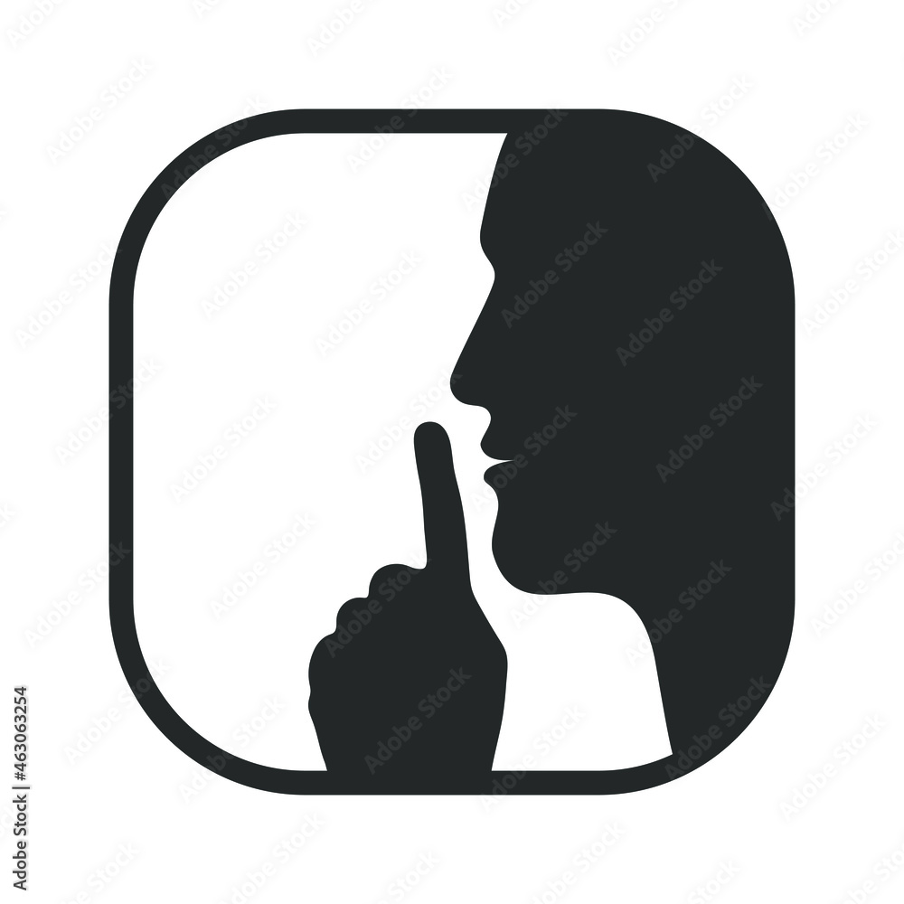 No talking please. Head human silhouette with finger on lips. Sign ask for silence isolated on white background. Vector illustration - obrazy, fototapety, plakaty 
