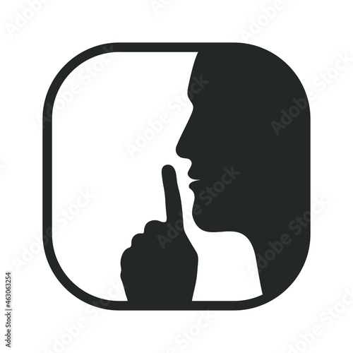 No talking please. Head human silhouette with finger on lips. Sign ask for silence isolated on white background. Vector illustration photo