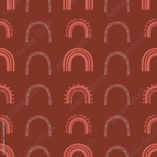 Boho rainbows vector repeat pattern on terracota background