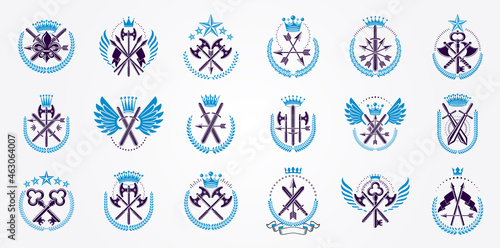 Weapon logos big vector set, vintage heraldic military emblems collection, classic style heraldry design elements, ancient knives spears and axes symbols.