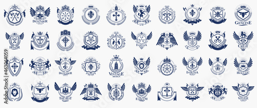 Vintage heraldic emblems vector big set, antique heraldry symbolic badges and awards collection, classic style design elements, family emblems.