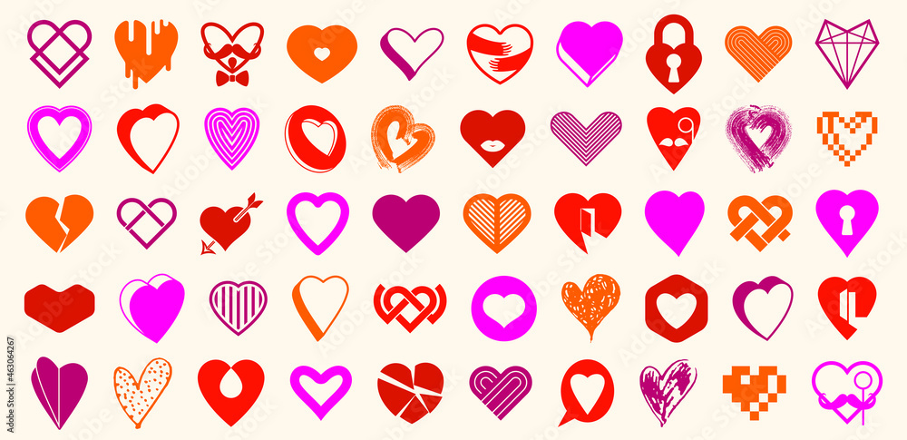 Collection of hearts vector logos or icons set, heart shapes of different styles and concepts symbols, love and care, health and cardiology, geometric and low poly. Collection of hearts vector logos or icons set, heart shapes of different styles and concepts symbols, love and care, health and cardiology, geometric and low poly.