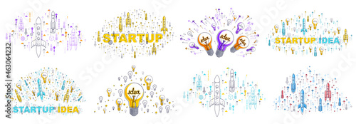 Startup idea business concepts vector illustrations set, image collection with rocket launch and light bulbs and a lot of different icons and symbols.