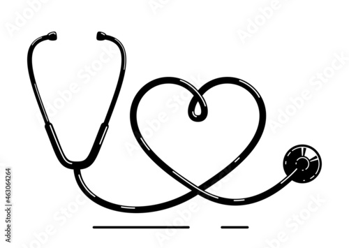 Heart shaped stethoscope vector simple icon isolated over white background, cardiology theme illustration or logo.