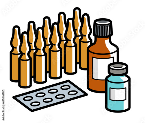 Medicine pharmacy theme medical bottles pills and ampules 3d vector illustration isolated, medicaments and drugs, health care meds cartoon, vitamins or antibiotics, simple linear design.