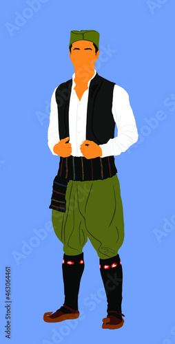 Man in traditional Serbian dress vector isolated on background. Serbia wears, Balkan folklore culture illustration. Vintage dancer from Europe.