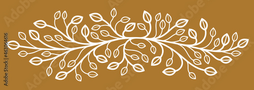 Beautiful linear floral vector design on dark, leaves and branches elegant text divider border element for layouts, fashion style classical emblem, luxury vintage graphics.