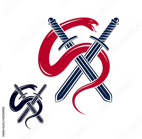 Snake and Dagger, Serpent wraps around a sword vector vintage tattoo, Roman god Mercury, luck and trickery, allegorical logo or emblem of ancient symbol.