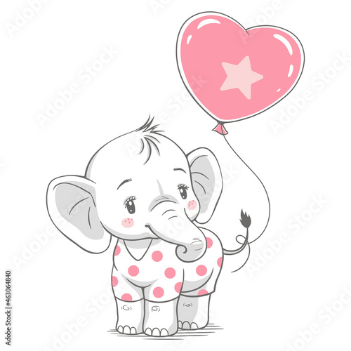Vector illustration of a cute baby elephant, with pink balloon. © Helga Gavrilova