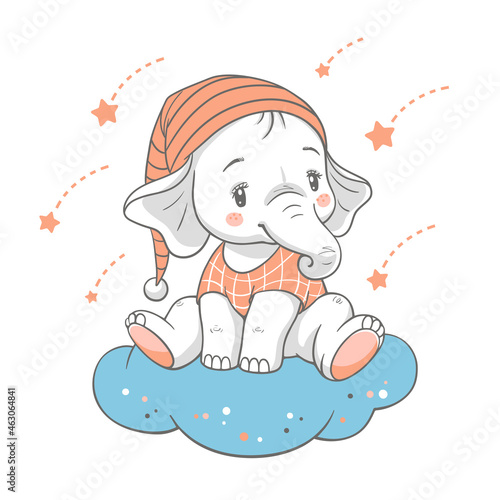 Vector illustration of a cute baby elephant, sitting on the cloud.