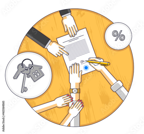 Man signs bank mortgage hypothec for real property house buying and his woman helps him to dare to make a decision and employee explains terms of loan, top view people hands and paper. Vector.