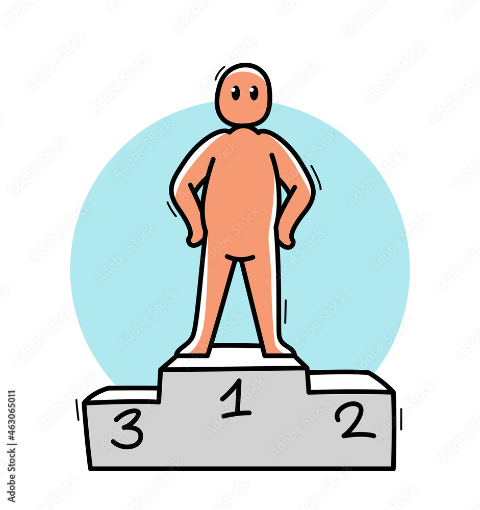 Funny cartoon man standing confident on a pedestal vector flat style illustration isolated on white, cute and positive small guy drawing or icon, champ or successful businessman concept.