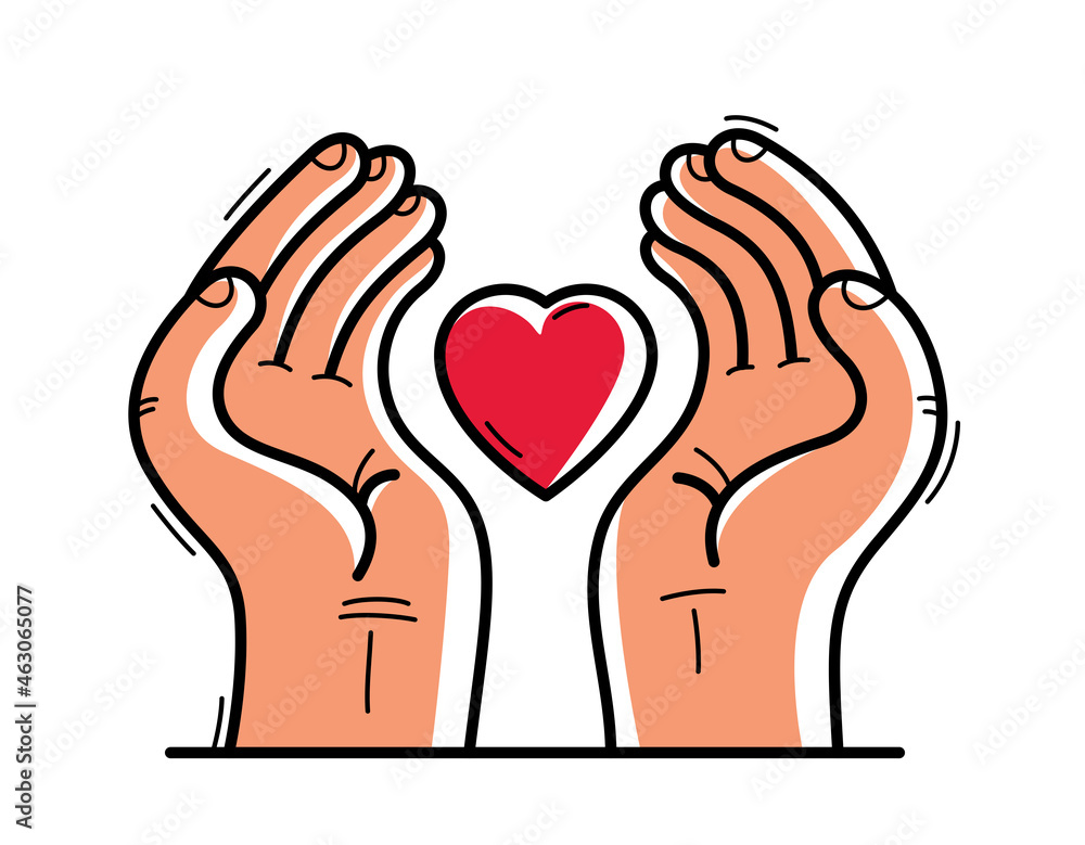 Obraz premium Two hands and human heart protecting and showing care vector flat style illustration isolated on white, cherish and defense for health concept, love security and safety.