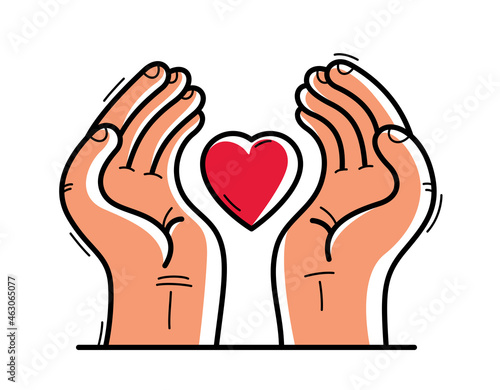 Two hands and human heart protecting and showing care vector flat style illustration isolated on white, cherish and defense for health concept, love security and safety.