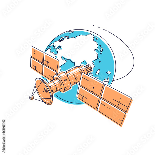 Communication satellite flying orbital spaceflight around earth, spacecraft space station with solar panels and satellite antenna plate. Thin line 3d vector illustration.