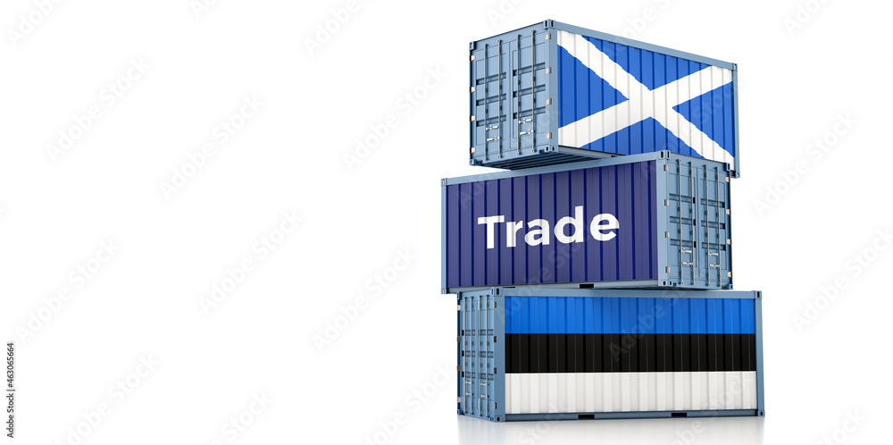 Shipping containers with Scotland and Estonia flag. 3D Rendering 
