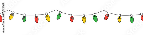 Christmas holiday lights seamless border. Repeating pattern line art light bulbs garland for Christmas holiday cards, banners, footer, header, menu. Vector hand drawn cartoon illustration.
