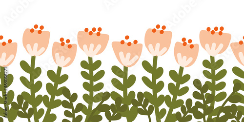 Seamless cute flower border isolated on white background. Hand drawn floral vector illustration child like tulips colorful repeating pattern for spring, Easter card decor, fabric trim, footer, ribbon.