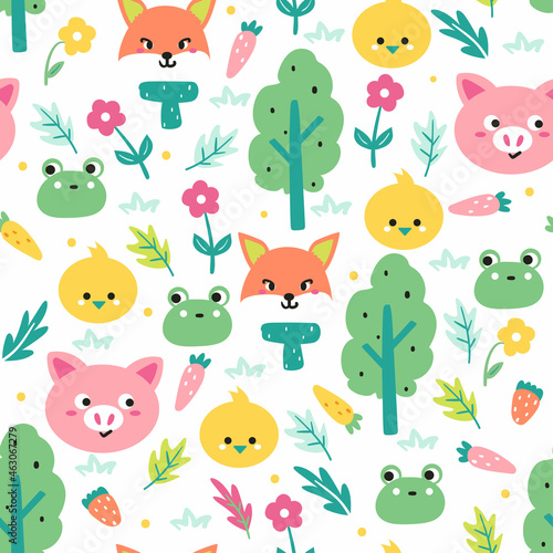 Seamless pattern with cute cartoon animal and plant for fabric print, textile, gift wrapping paper. colorful vector for textile, flat style © PIPIOREN