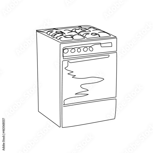 Gas range cooker with oven, stove continuous line drawing. One line art of home appliance, kitchen, electrical, cooking food.