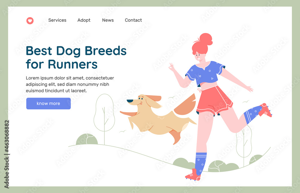 Girl runs with the dog in the park. Active life of the owner and pet. Fitness and outdoor workout. Vector flat illustration. Girl runs with the dog in the park. Active life of the owner and pet. Fitness and outdoor workout. Vector flat illustration.