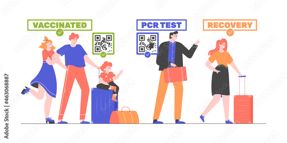 Queue of people with luggage. Traveling during a pandemic. A young girl has antibodies after an illness, a businessman did a PCR test, and the family got a vaccine. Vector flat illustration. Queue of people with luggage. Traveling during a pandemic. A young girl has antibodies after an illness, a businessman did a PCR test, and the family got a vaccine. Vector flat illustration.
