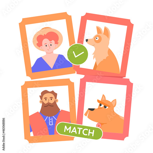 Dogs are similar to their owners. Photos of people and their furry friends. Choosing a pet. Vector flat illustration.